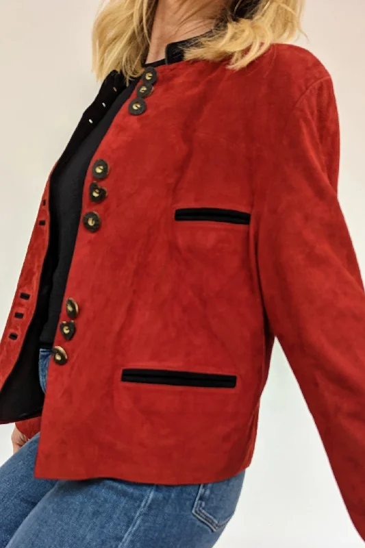 Soft Red Suede Jacket with Feature Buttons Appliqued Jacket Beaded Jacket Sequined Jacket