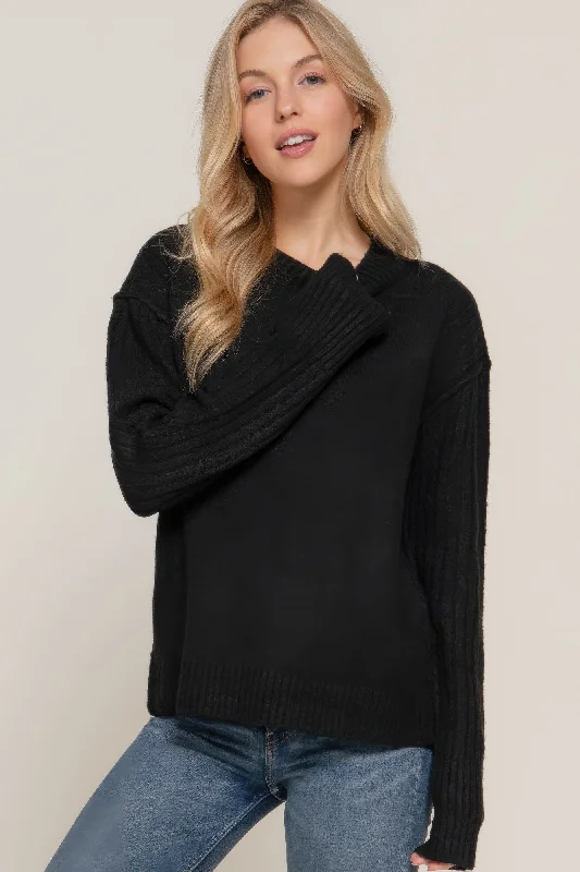 Long Slv Mock Neck Raised Seam Sweater Stylish Fashionable Trendy