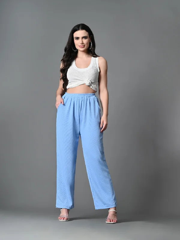 Myshka Women's Solid Ribbed High-Rise Wide Leg Casual Trousers in Blue Color Trousers Fall Fleece