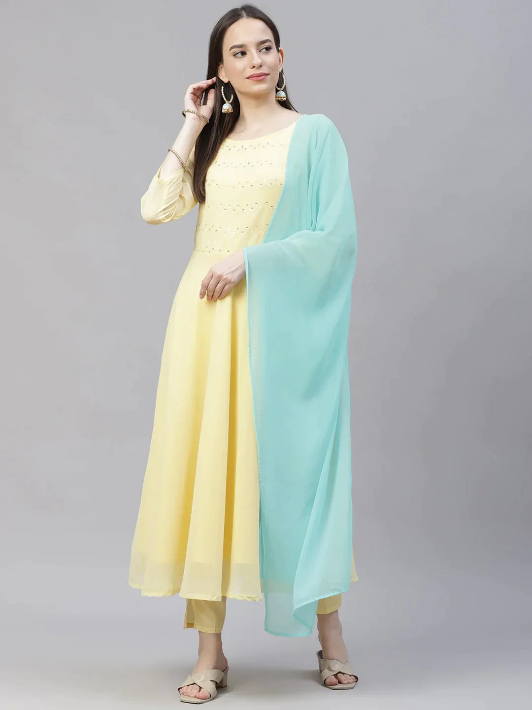 Women Yellow Embroidered Regular Sequinned Kurta With Trousers & Dupatta - Rasiya Trousers Office Stylish