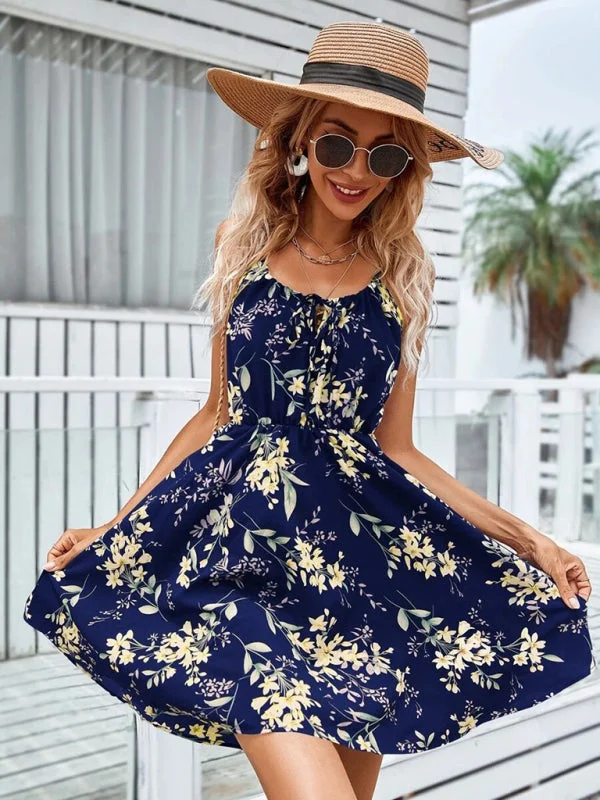 Blue Zone Planet |  Summer Elegant Sleeveless Dress Pullover Print Elastic Waist Spaghetti Strap Skirt Fitted Ribbed Sweater