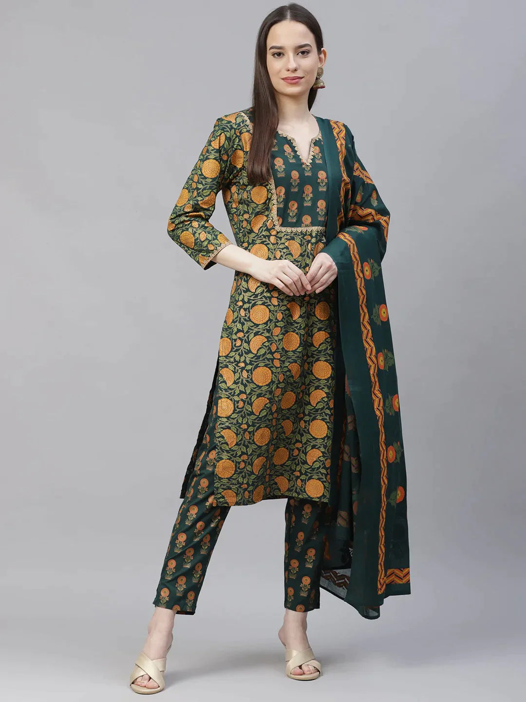 Women Green Ethnic Motifs Printed Pure Cotton Kurta With Trousers & Dupatta - Rasiya Trousers Prom Sequined