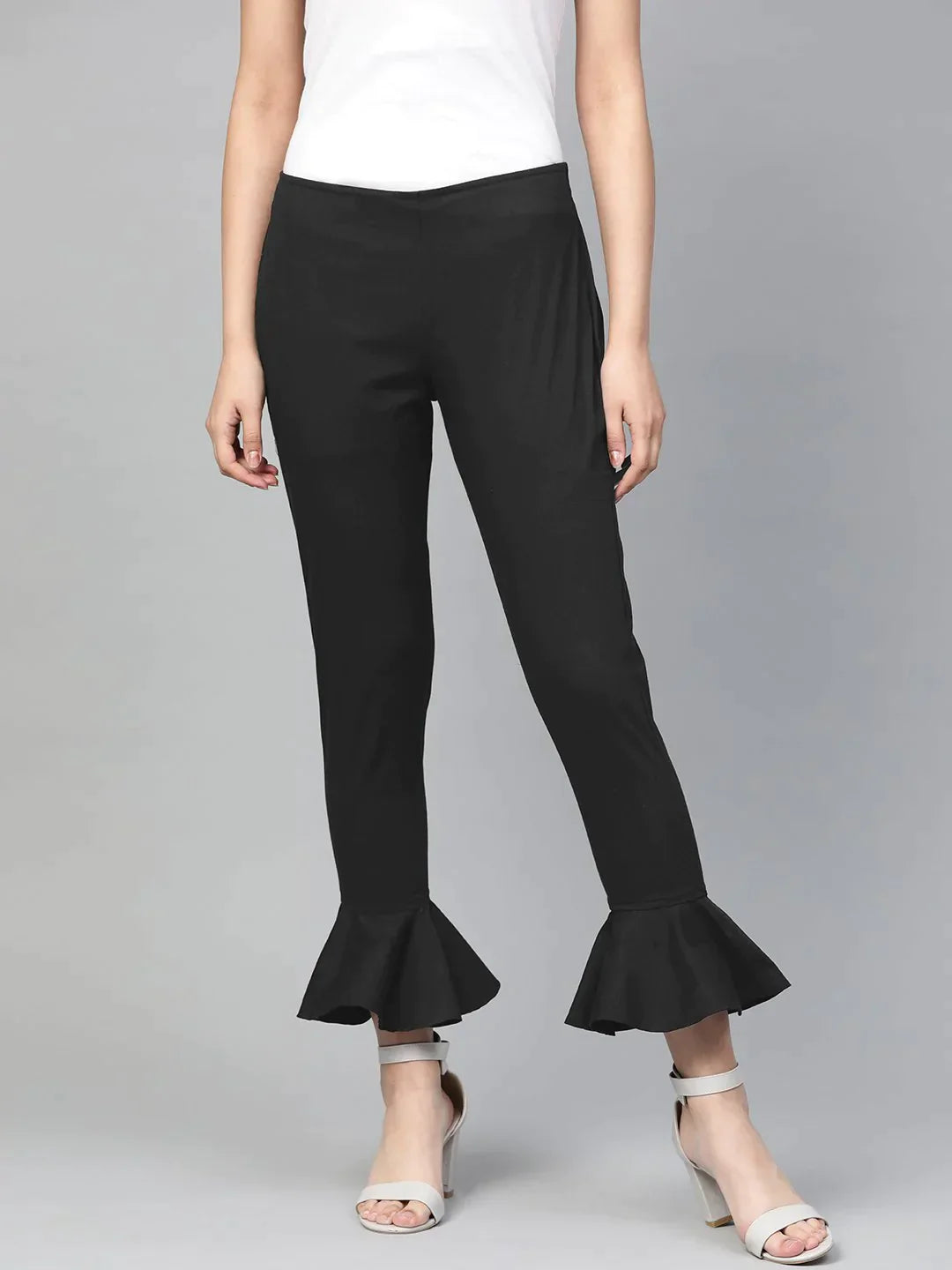 Women Black Smart Slim Fit Solid Bottom Flared Trousers - Rasiya Chinos Cotton Straight Leg