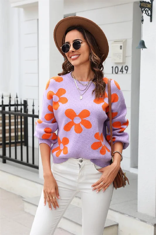 Floral Print Round Neck Dropped Shoulder Pullover Sweater Fitted Slim Tailored