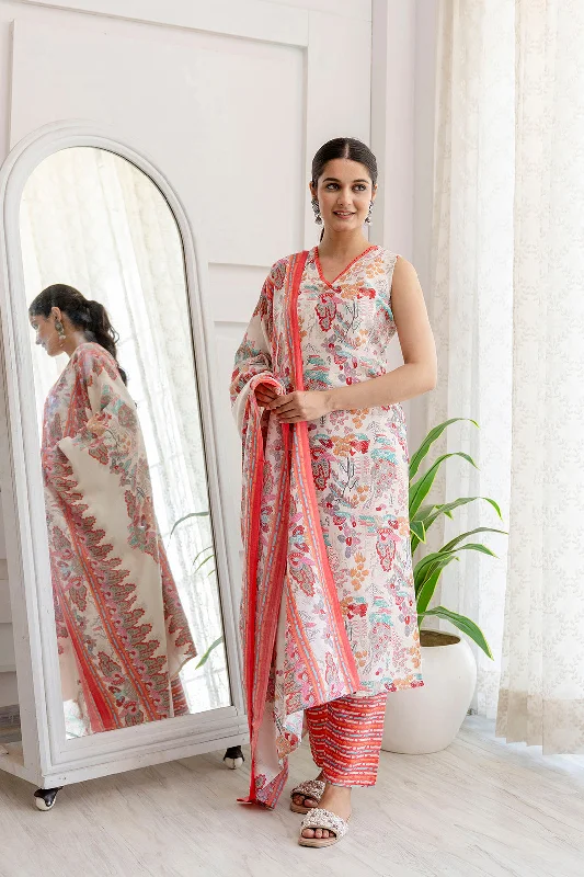 Women Off White Printed Straight Kurta With Trouser And Dupatta - Rasiya Trousers Striped Patterned