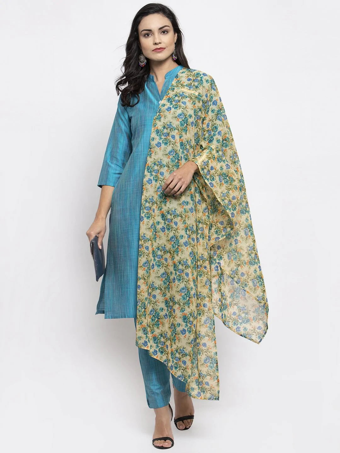 Women Blue & Green Self-Striped Kurta With Trousers & Floral Georgette - Rasiya Trousers Versatile Stylish