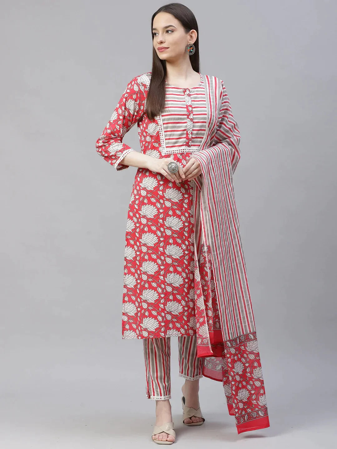 Women Red & Off-White Ethnic Motifs Printed Kurta With Trousers & Dupatta - Rasiya Trousers Summer Linen