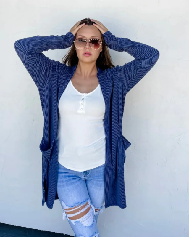 Ribbed Colored Cardigan - Navy Cashmere Blend Cotton Blend Poly Blend