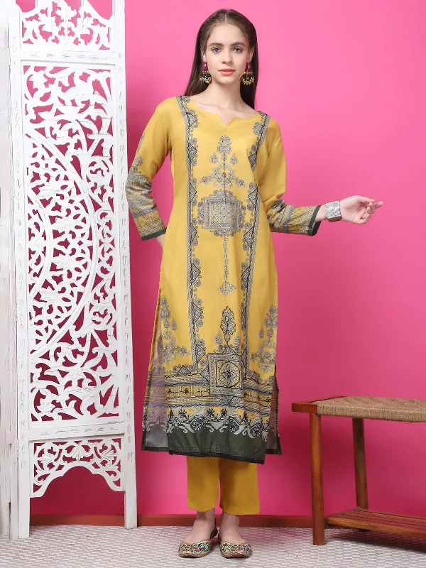 Jyoti Fashion Women's Mustard Cotton Geometric Digital Print with Jari & Crystal Kurta with Trouser & Dupatta Trousers Corduroy Warm