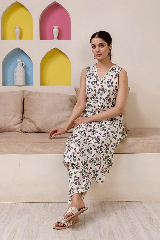 Women Off White Printed Straight Kurta With Trouser - Rasiya Trousers luxurious premium