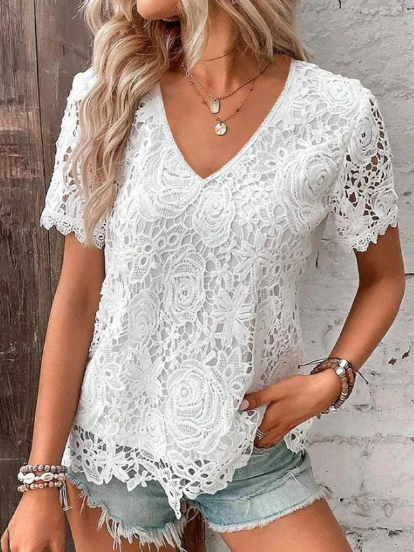 Summer new short-sleeved lace V-neck loose sweet pullover T-shirt Button Front Sweater