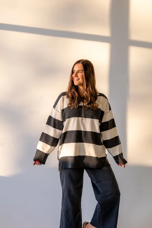 Coastal Stripe Pullover | Carbon Champagne Boxy Neck Sweater