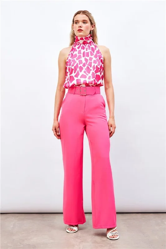 Belted Wide Leg Trousers - Hot Pink Trousers Floral Bohemian