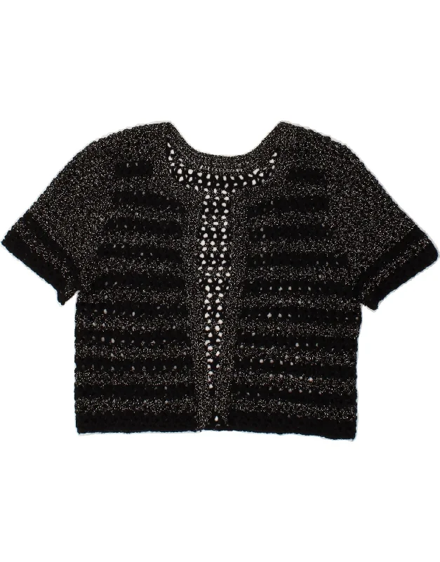 VINTAGE Womens Crop Cardigan Top UK 12 Medium Black Beaded Cardigan Sequined Faux Fur