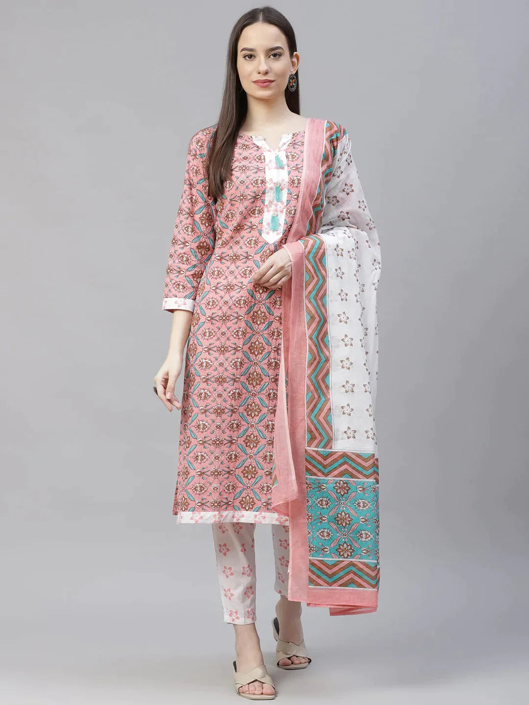 Women Pink & White Ethnic Motifs Printed Pure Cotton Kurta With Trousers & Dupatta - Rasiya Trousers Occasion Special