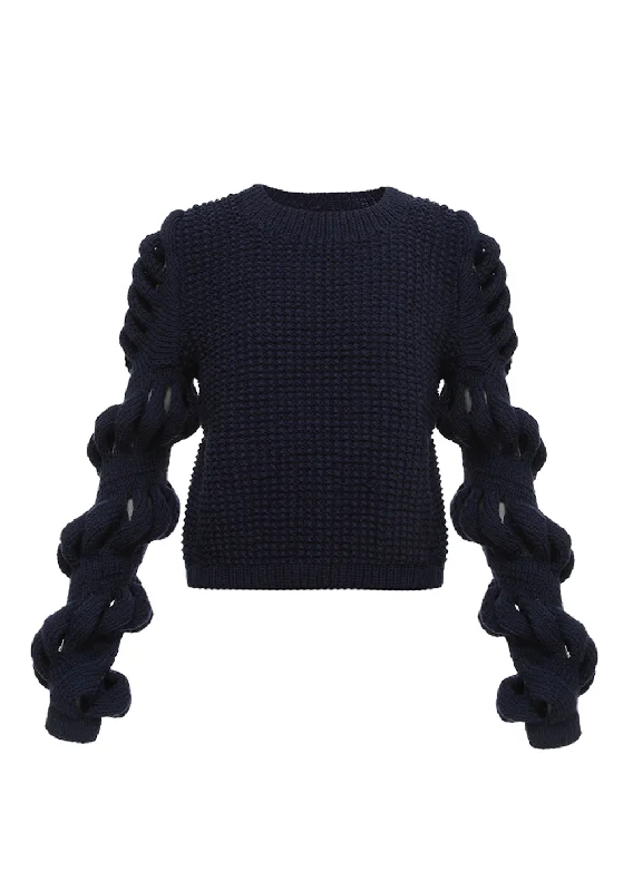 HAND-KNITTED WOOL-BLEND BLACK SWEATER Chenille Brocade Lace