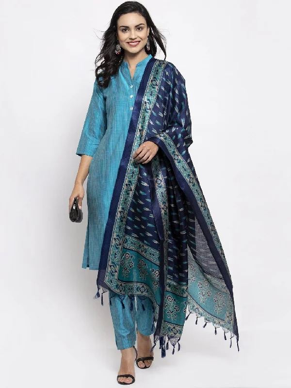 Women's Blue & Green Self Striped Kurta with Trousers & Printed Art Silk Dupatta - Jompers Trousers Yoga Stretchy