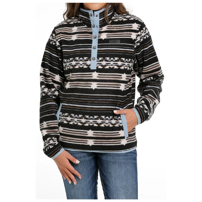 MAK9820015 Cinch Women's Polar Fleece Pullover Top - Black Southwest Print Thick Cable Knit