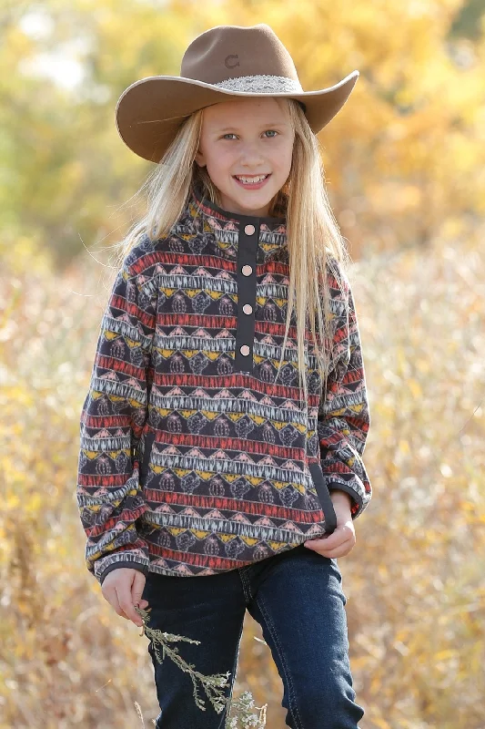 GIRLS CACTUS PRINT FLEECE PULLOVER Deep Neck Pullover