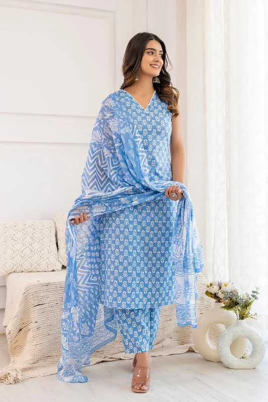 Women Aqua Blue Printed Straight Kurta With Trouser And Dupatta - Rasiya Trousers Polka Dot Cute