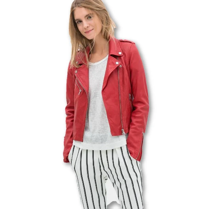 leather female jacket lapel long sleeved jacket PU slim leather female temperament locomotive Red leather women Herringbone Jacket Checkered Jacket Solid Jacket