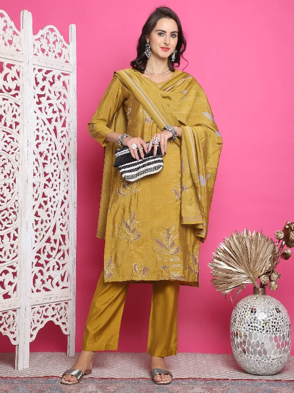 Jyoti Fashion Women's Mustard Muslin Floral Print with Jari & Crystal work Kurta with Trouser & Dupatta Trousers Canvas Durable