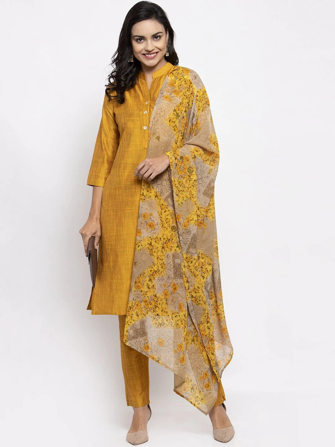 Women Yellow Self-Striped Kurta With Trousers & Floral Gorgette Dupatta - Rasiya Trousers trendy modern