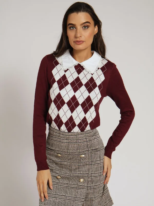 Preppy Argyle Cardigan - Wine Print Jacquard Patchwork