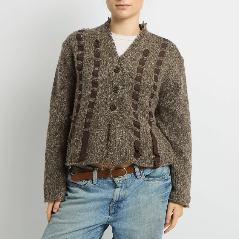 Ribbon Knitted Cardigan - UK 10 Cable Knit Ribbed Knit Lace Knit