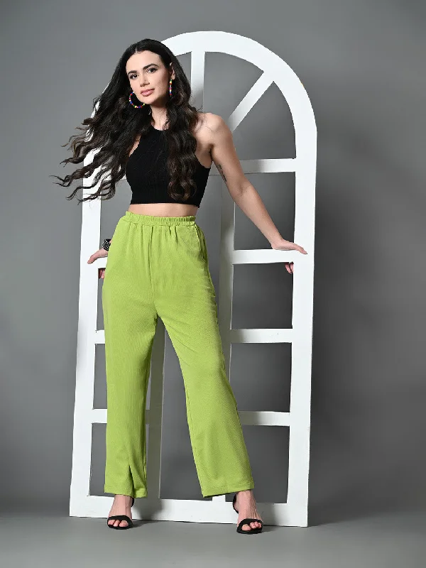 Myshka Women's Solid Ribbed High-Rise Wide Leg Casual Trousers in Green Color Trousers Vintage Classic