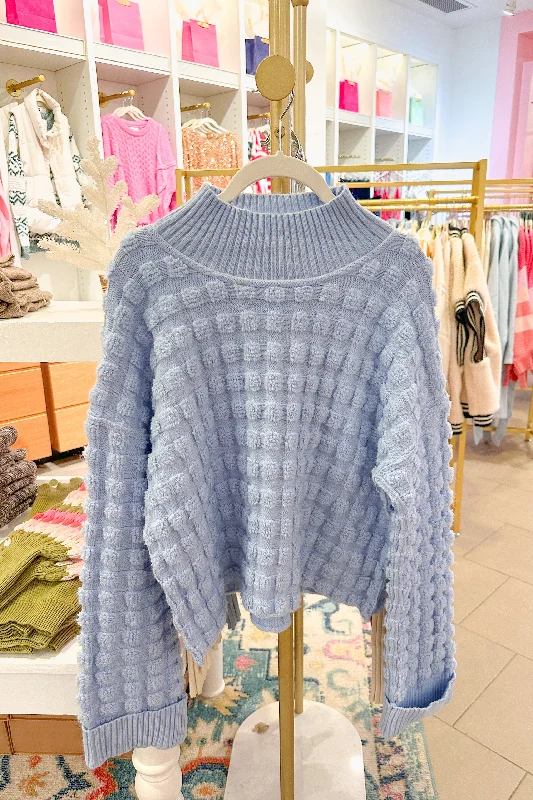 Light Blue Checkered Texture Sweater Satin Blend Silk Blend Wool Blend