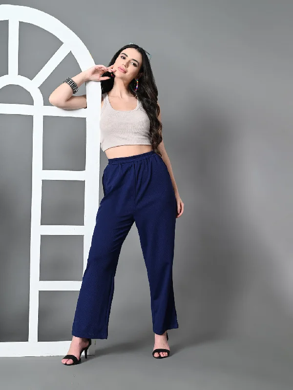 Myshka Women's Solid Ribbed High-Rise Wide Leg Casual Trousers in Navy Blue Color Trousers Sale Discount