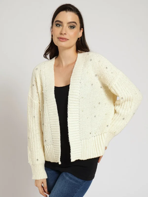 Long Sleeve Diamonds & Pearls Chunky Cardigan - Cream Houndstooth Herringbone Solid