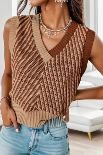 Hazel Blues® |  Striped V-Neck Sweater Vest Mesh Fabric Canvas Fabric Denim Fabric