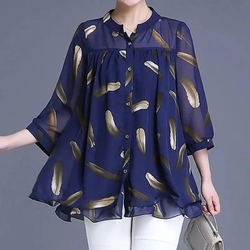 Women Casual Printed Chiffon Pullover Tops Wrist Length Sleeve