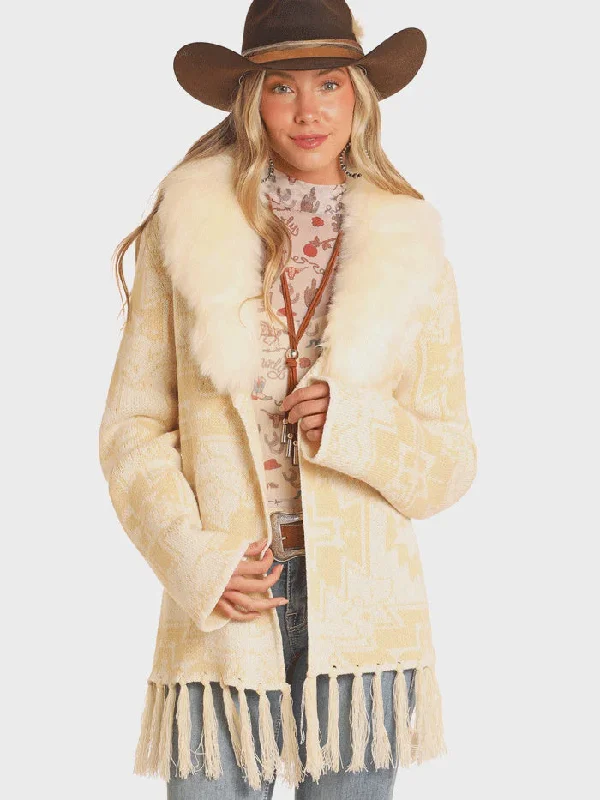 LADIES AZTEC FRINGE CARDIGAN WITH FUR COLLAR Button Cardigan Zip Cardigan Pullover Cardigan