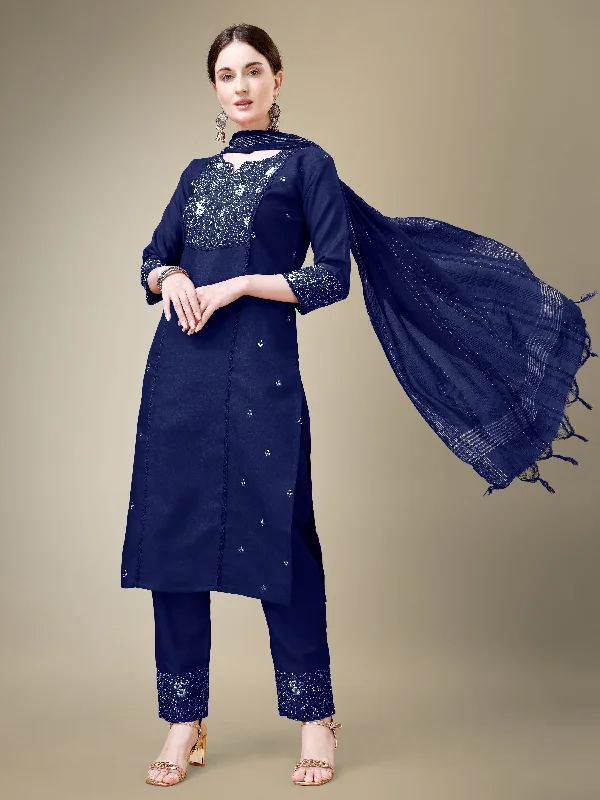 Women's Navy Blue Cotton Blend Embroidery & Fancy Lace Work Kurta With Trouser & Dupatta - Jyoti Fashion Trousers Essential Wardrobe