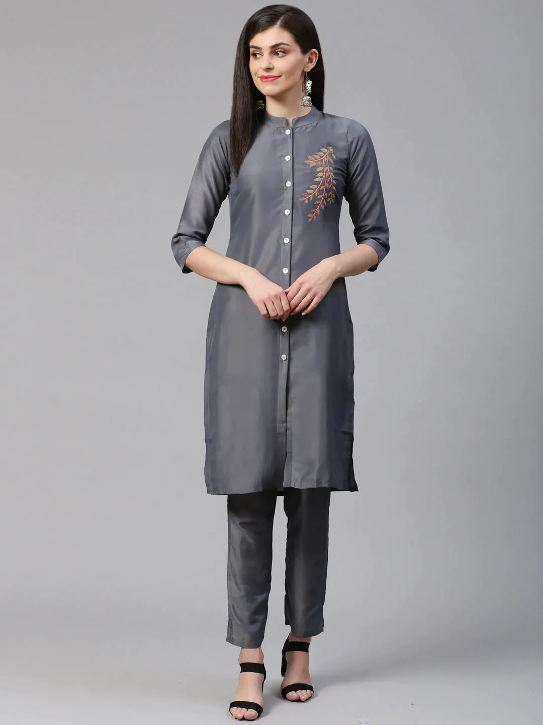 Women Grey Embroidered Solid Kurta With Trousers - Rasiya Trousers Corduroy Warm