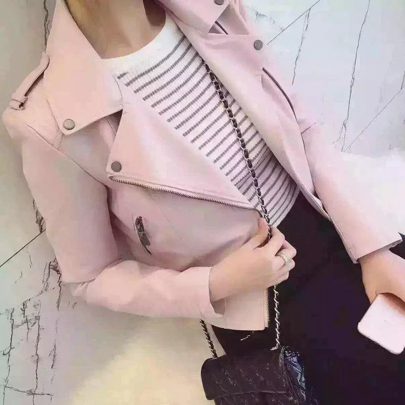 Fashion Women Motorcycle Faux Soft Leather Jackets Female Winter Autumn Brown Black Coat Outwear Nylon Fabric Polyester Fabric Spandex Fabric