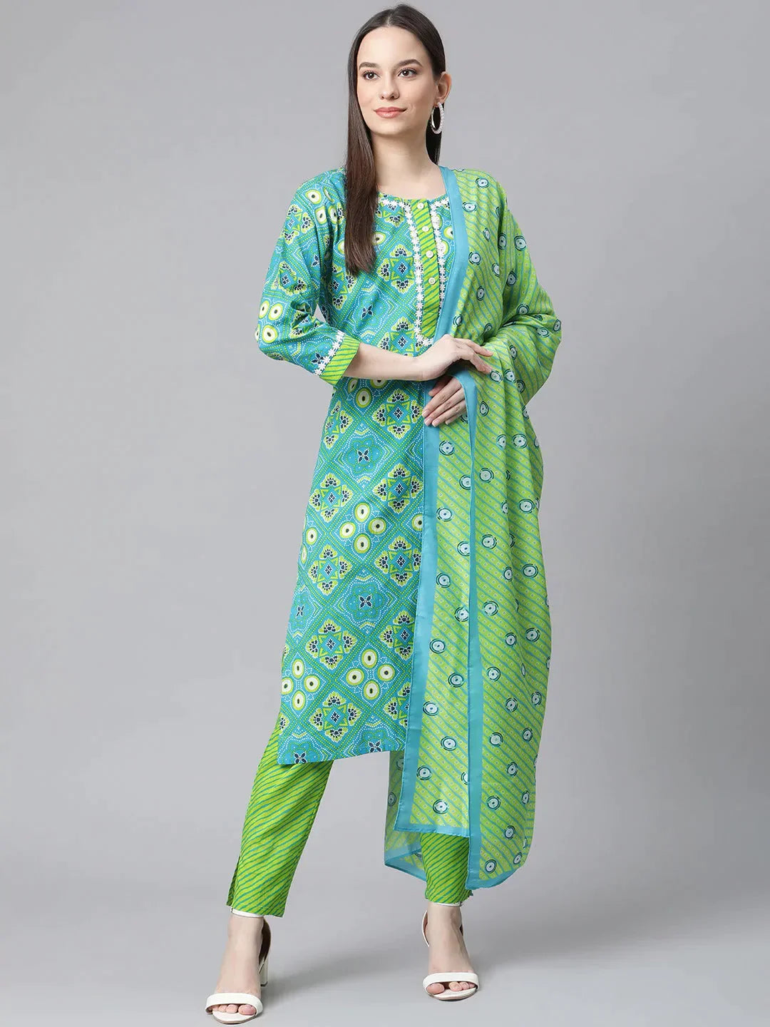 Women Blue & Green Ethnic Motifs Printed Pure Cotton Kurta With Trousers & Dupatta - Rasiya Trousers Custom Made