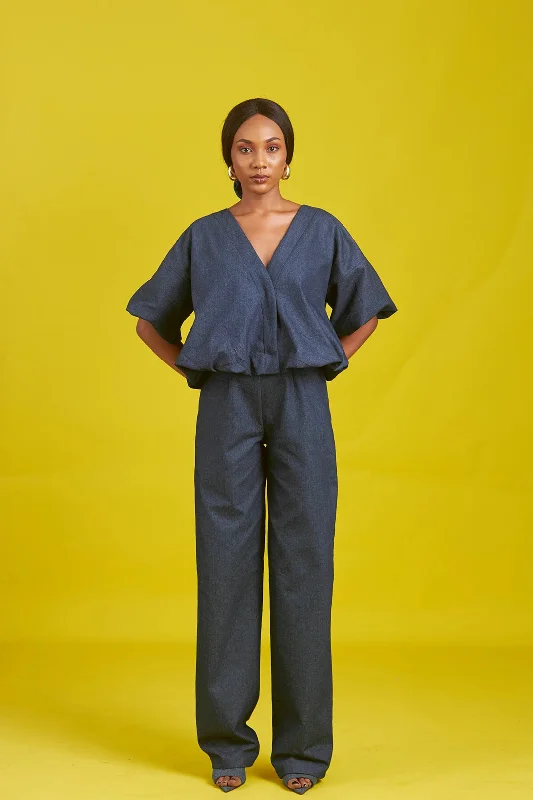 M.O.T Amaka denim set, Short-sleeve jacket and Fitted straight-leg pants Boat Neck Shawl Collar Notched Collar