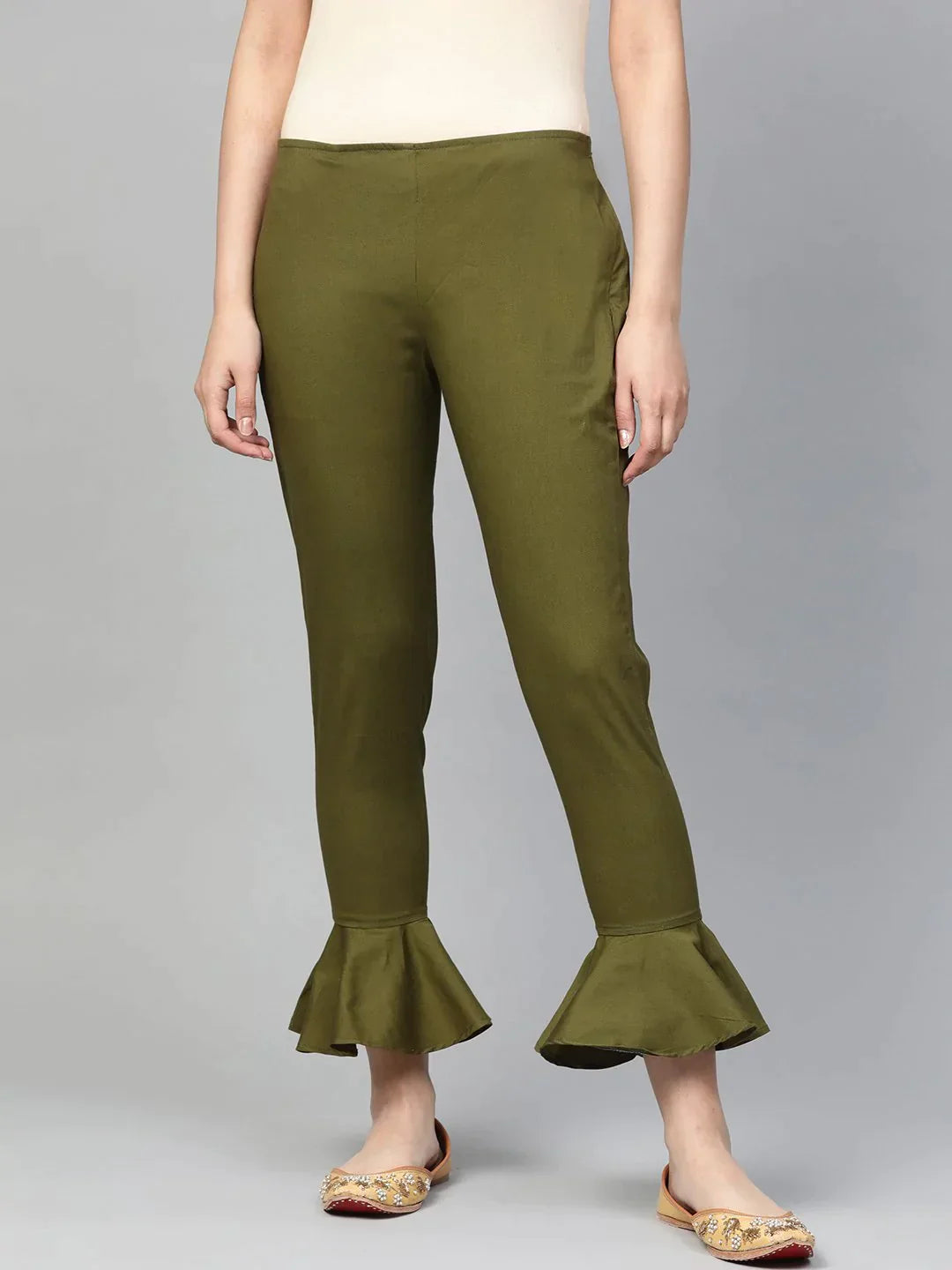 Women Olive Green Smart Fit Solid Bottom Flared Trousers - Rasiya Trousers Elastic Waist Soft