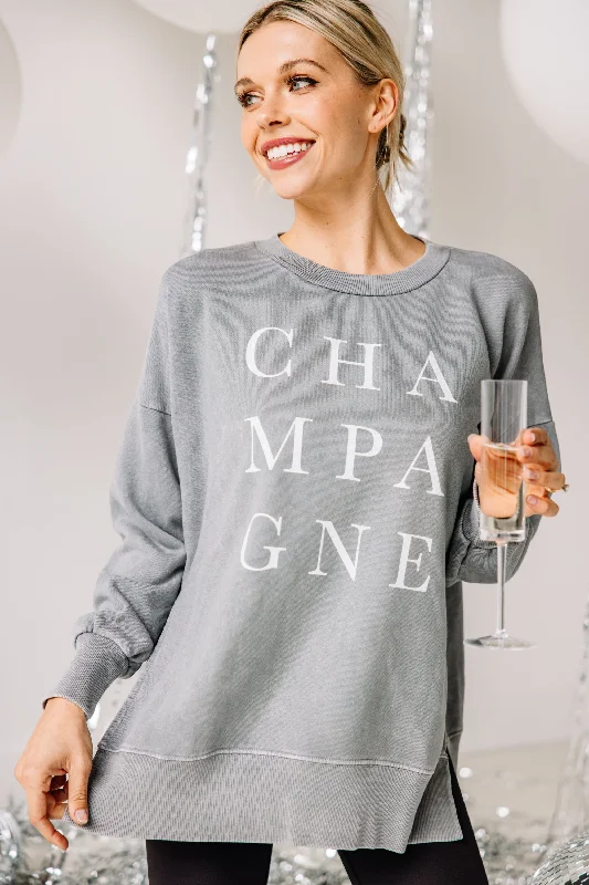 Champagne Gray Graphic Slouchy Pullover Elbow Length Sleeve