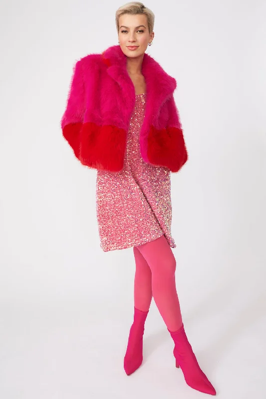 Hot Pink Faux Fur Two Tone Jacket Collared Jacket Crew Neck Jacket Turtle Neck Jacket