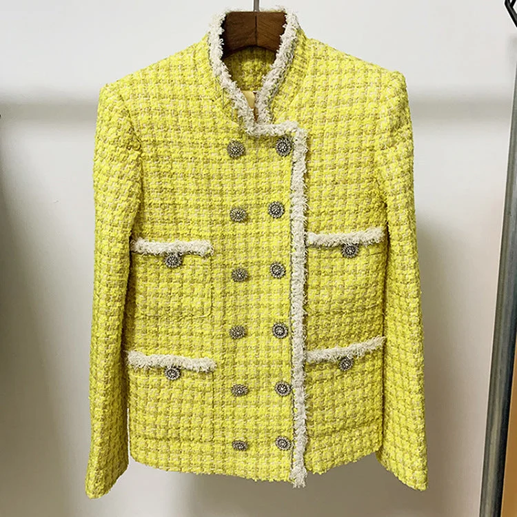 Lemon Yellow Tweed Classic French-Style Women's Tailored Jacket Cotton Fabric Linen Fabric Terry Fabric