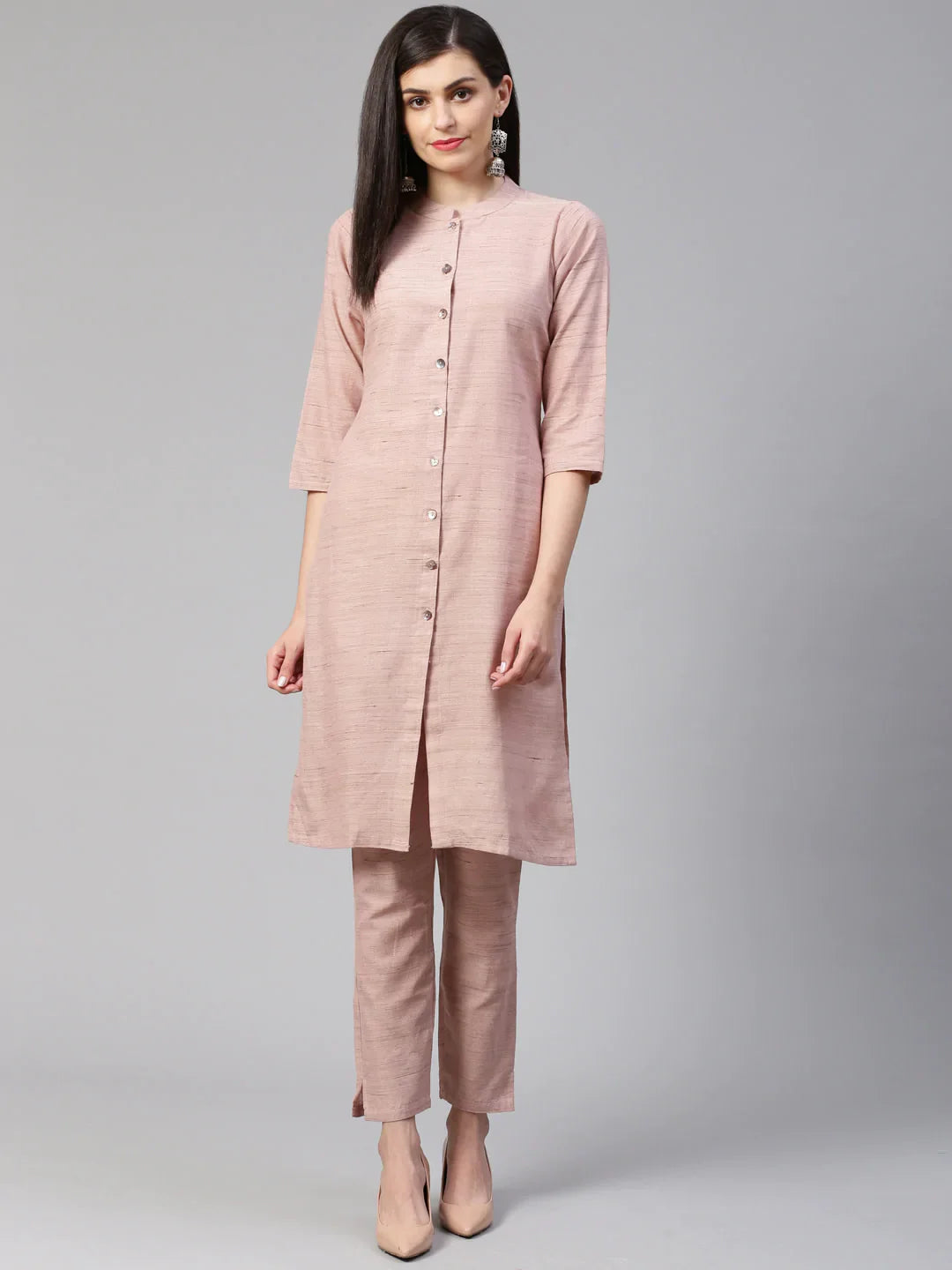 Women Pink Woven Design Kurta With Trousers - Rasiya Trousers Denim Blue