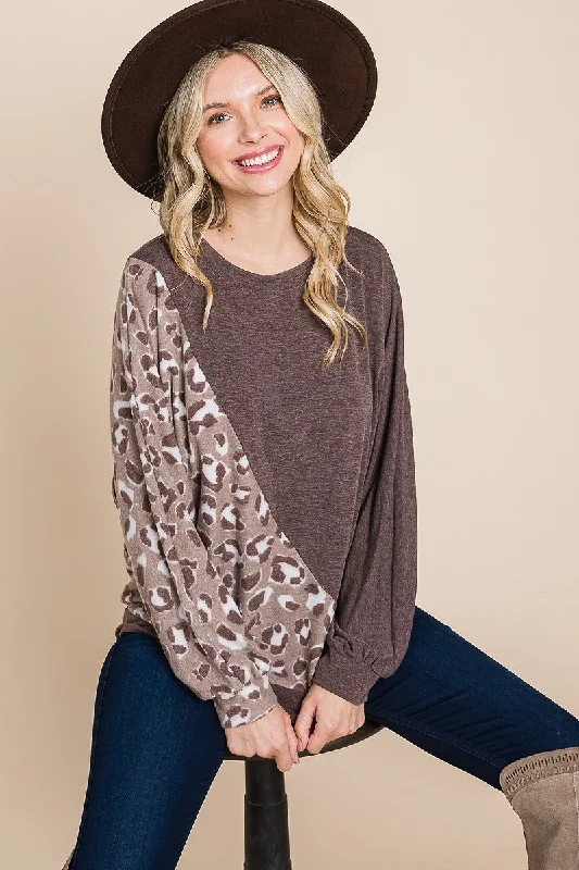 Cute Animal French Terry Brush Contrast Print Pullover With Cuff Detail Elbow Length Sleeve