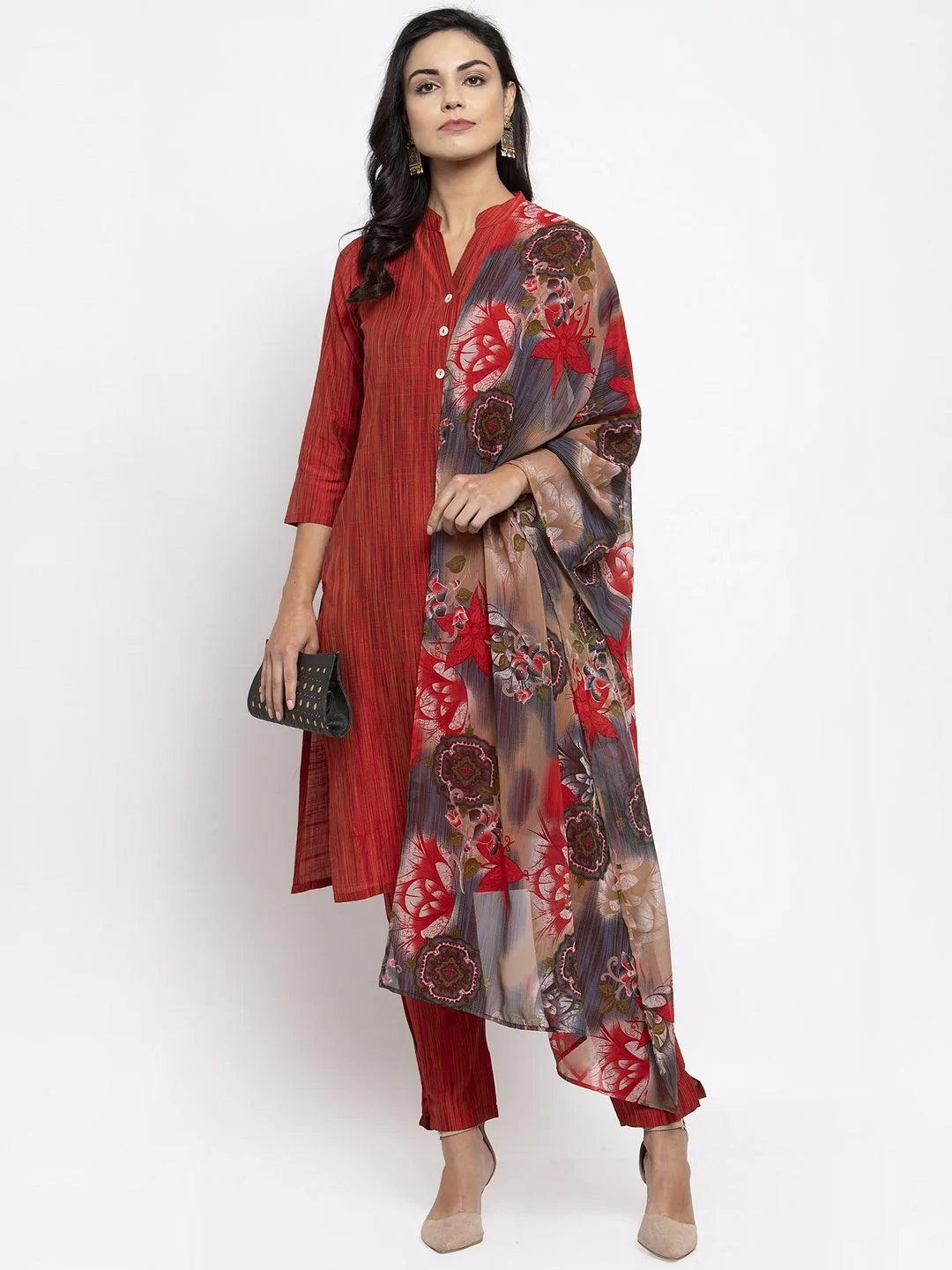 Women Red Self-Striped Kurta With Trousers & Georgette Dupatta - Rasiya Trousers cozy comfortable