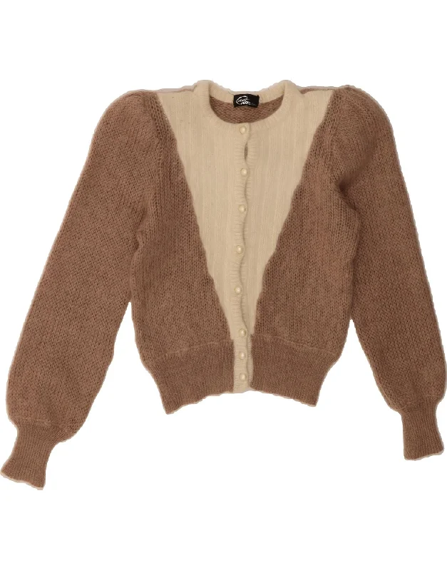 GLORIA Womens Crop Cardigan Sweater UK 10 Small Brown Colourblock Mohair Notch Collar Peter Pan Collar Cowl Neck