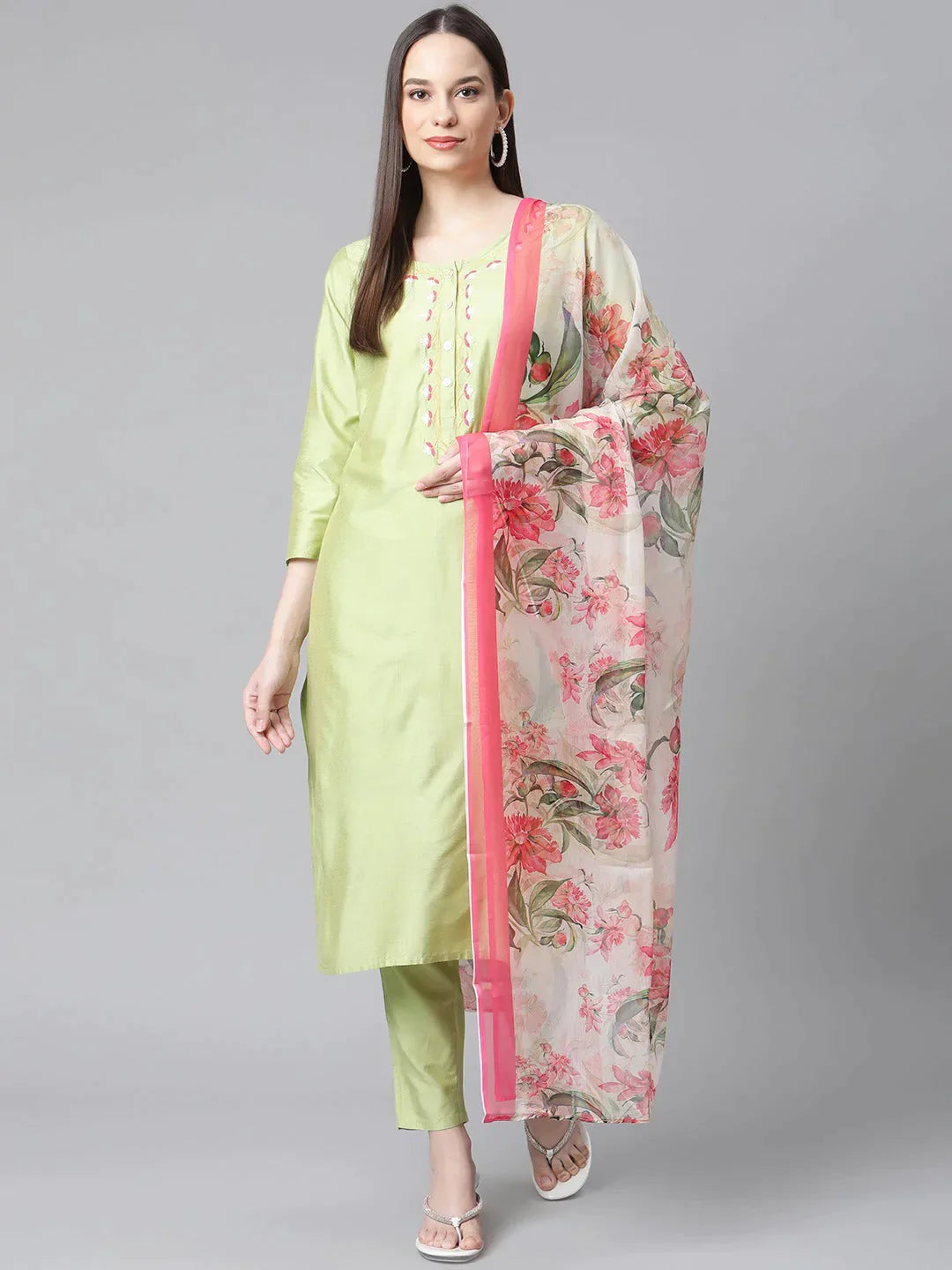 Women Green Embroidered Regular Kurta With Trousers & With Dupatta - Rasiya Trousers Fall Fleece